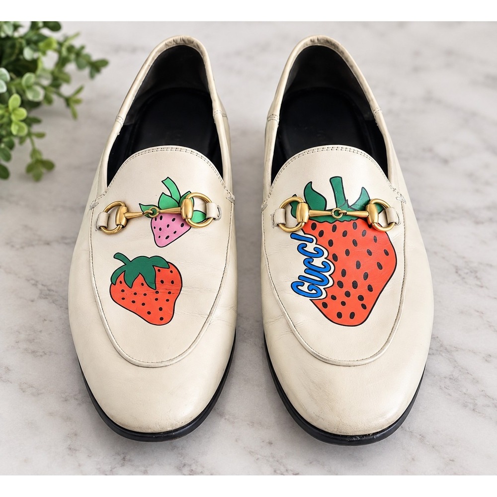 Gucci Brixton Strawberry Loafer Cream Red Leather Size 39/ 8.5 Horsebit